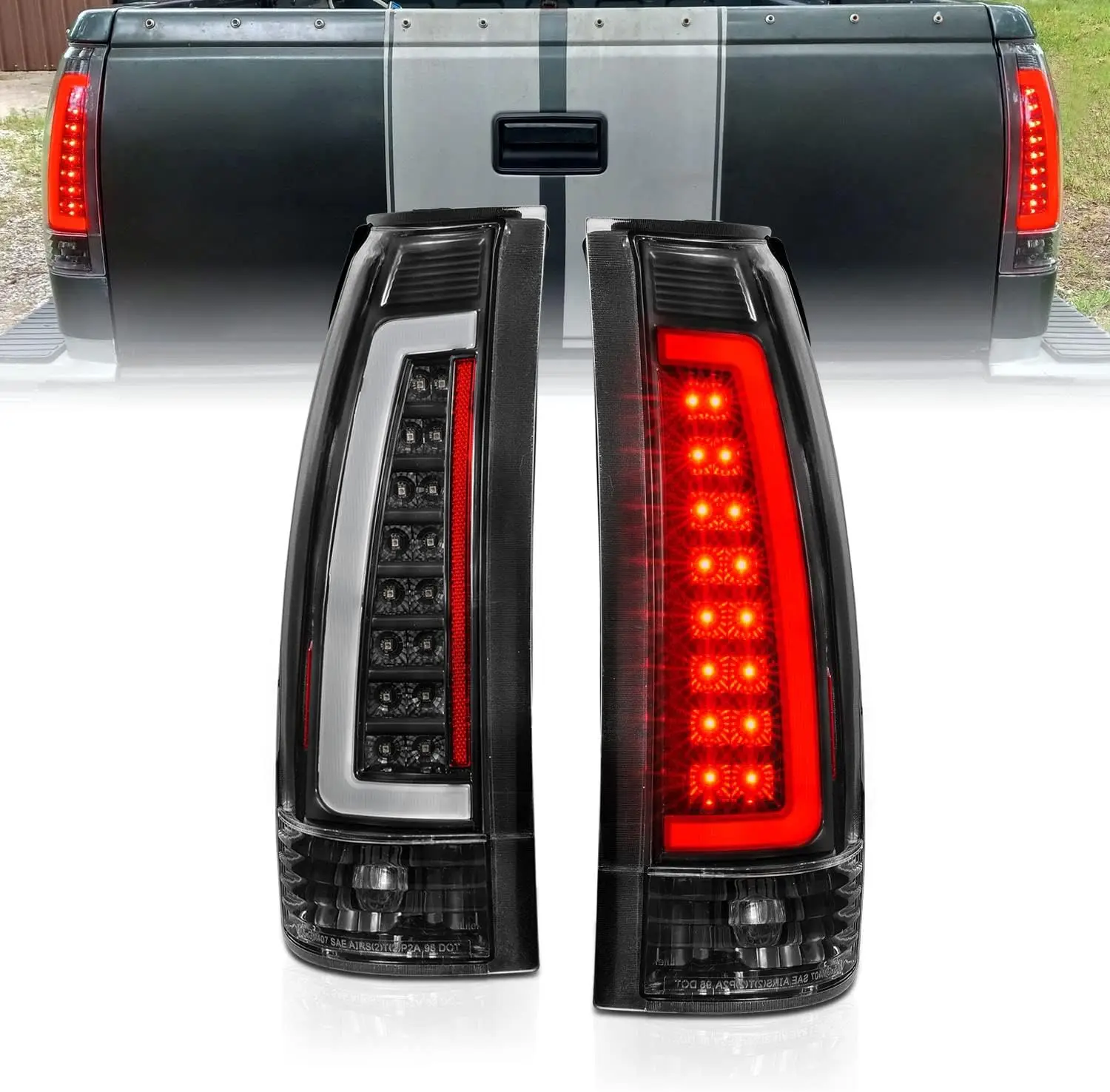 C-Type LED Tube Tail Lights Set for 1988-1999 Chevy GMC C/K Silverado Suburban – Clear Matte Black, DOT Approved, OEM Replacement - Image 3